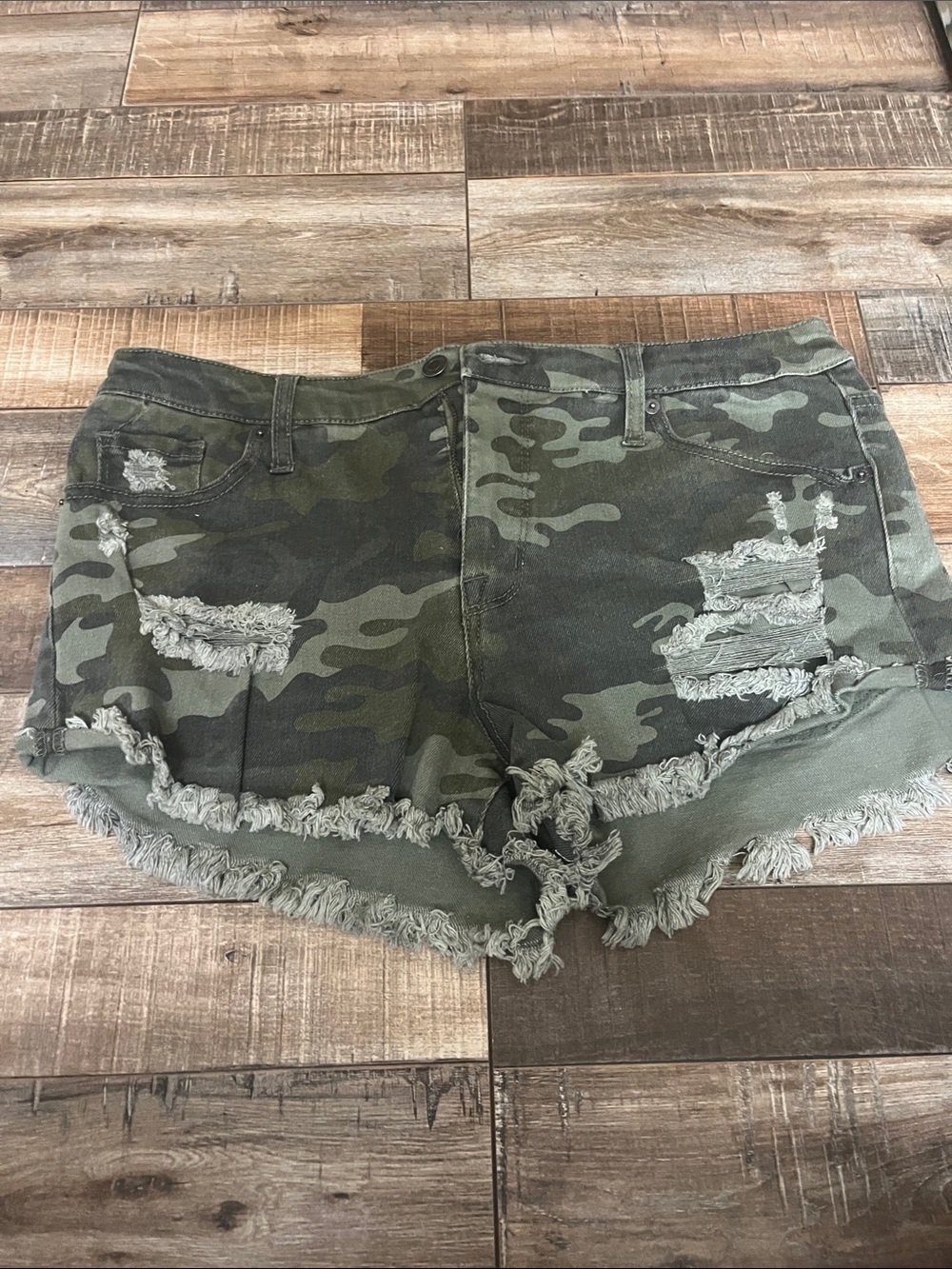 Mossimo Supply Co. Green Camo Distressed Frayed Hem Jean Shorts